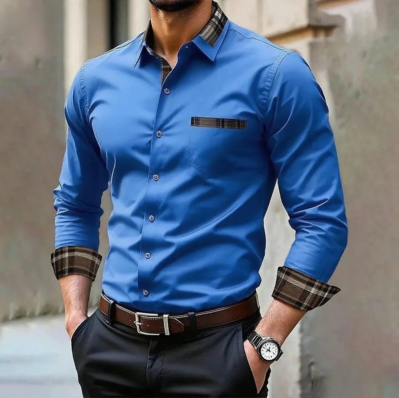 Men's pocket casual formal shirt, available in 12 colors, stylish and comfortable long sleeved shirt, suitable for weddings and