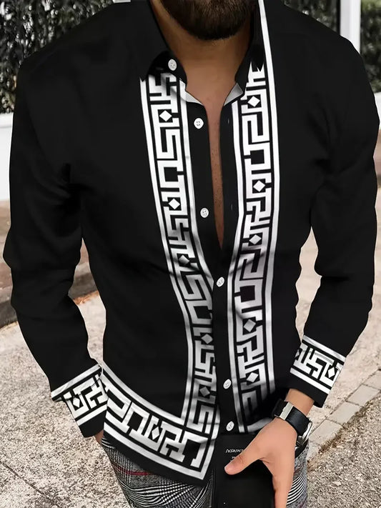 Men's Fashion Geometric Stripe Printed Shirt - Comfortable Fit Spring and Autumn Leisure Long sleeved Shirt Plus Size XS-6XL
