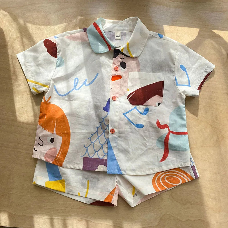 Loose Fit Summer Kids Clothes Set Girls Cute Graffiti Dress Boys Short Sleeved Shirt Children Thin Brother Sisters Outwear Suit