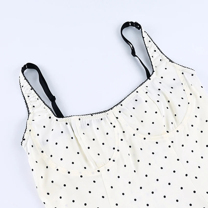 Backless Polka Dot Satin Tank Top Women Spaghetti Strap Lace Camisole Summer