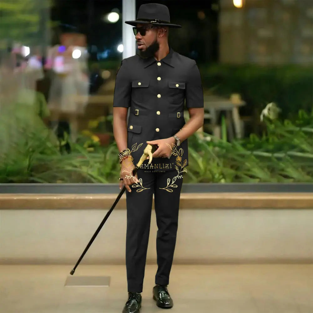 African Style Suits Men For Wedding Customized 2 Pieces Single Breasted Jacket Pants 2 Pieces Groom Tuxedos costume homme