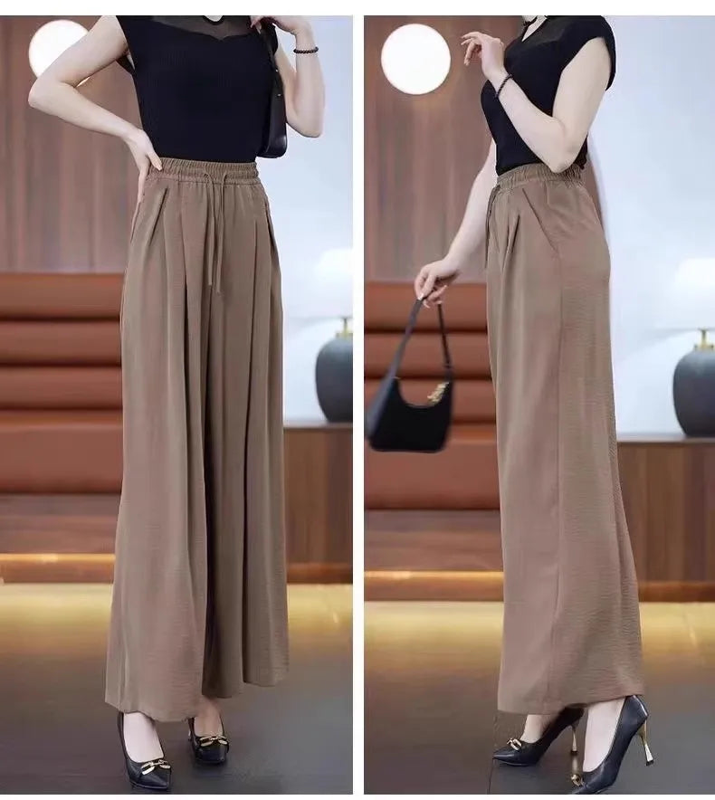 Ice Sensation Women's Summer 2025 New Wide Leg Pants Loose Casual Long Trousers Mom Korean Sle High Waist Polyester Fiber