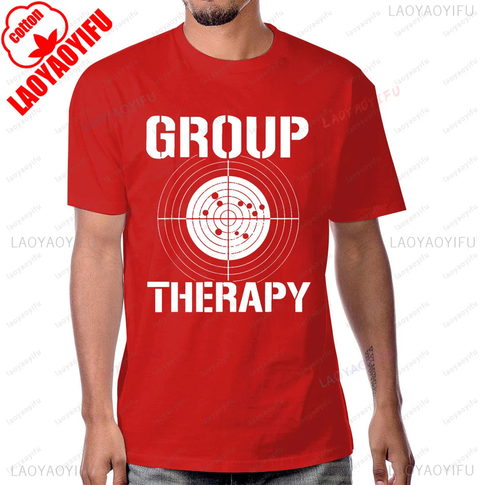 Group Therapy Shooting  Funny Gun Graphic T-Shirt Casual Fashion Loose Harajuku Man Tshirt Hip Hop Summer Short Sleeve Women Tee