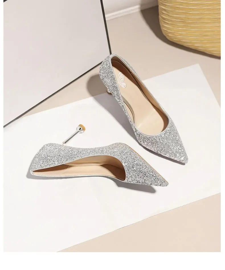 2025 New Women Pumps High Heel Metal Pointed Toe Shallow Sexy Ladies Bling Bridal Wedding Women Shoes White High Heels