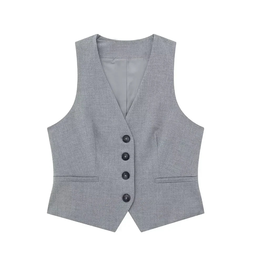 Willshela Women Fashion 2 Piece Set Grey Single Breasted V-Neck Vest & Vintage High Waist Shorts Female Chic Lady Shorts Set