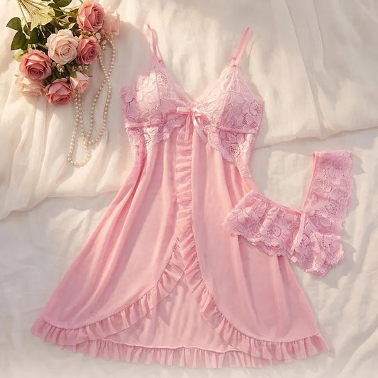 Pink Kawaii Sets Plus Size Sexy Underwaes For Women Y2k Luxury Night Dress 2-Piece Panties Lingerie Set Female Mini Bikini Thong
