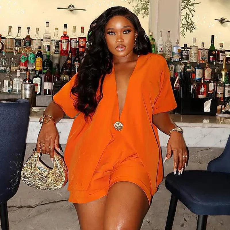 Women's African Style 2 Piece Set Sexy Summer Orange Deep V Neck Blazer & High Waist Shorts Elegant Party Club Outfits