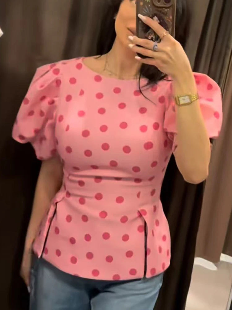 TFMLN Women's Sweet Blouse 2026 Street Chic O Neck Tee Female Summer Casual Vintage Polka Dot Puff Short Sleeve Tops New