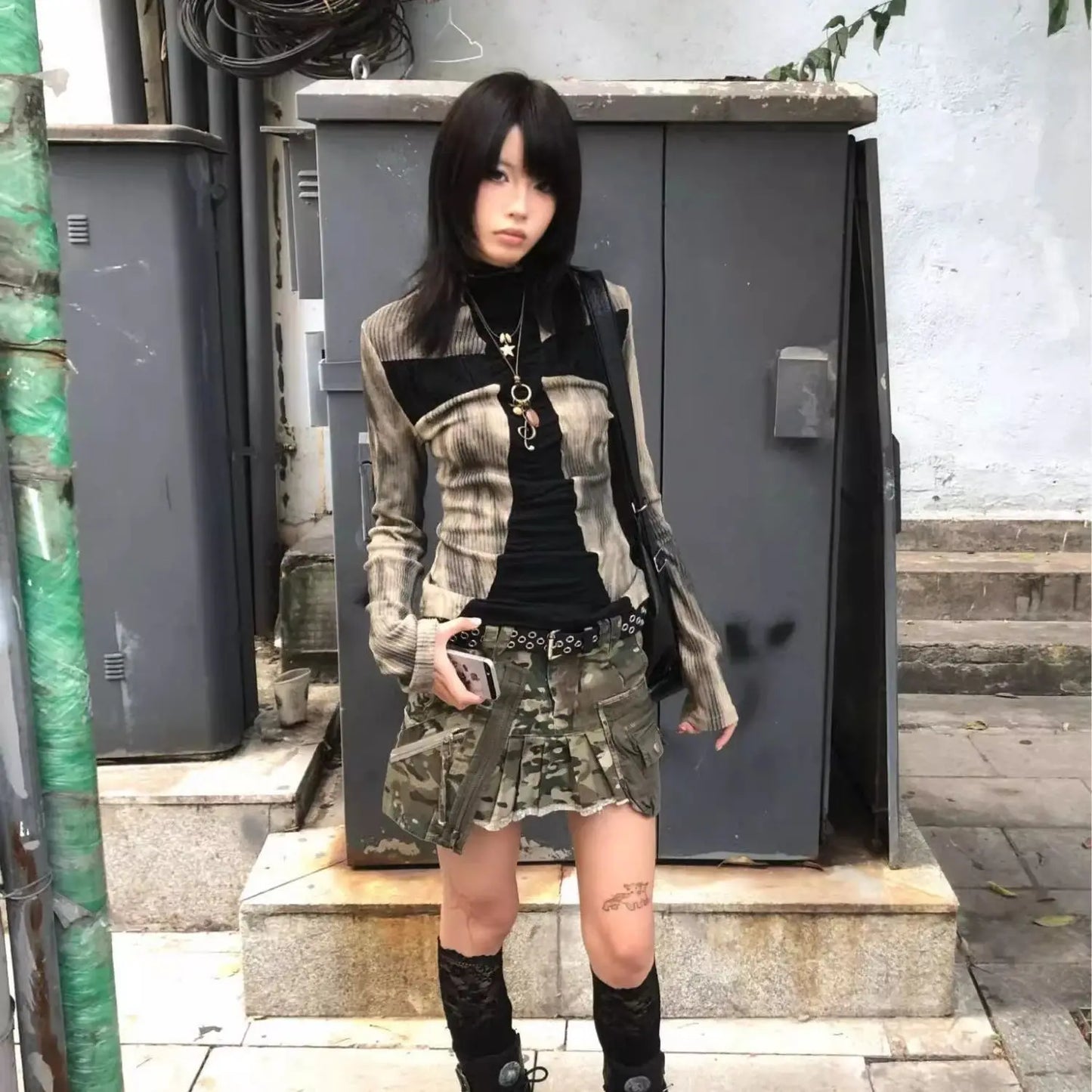Genayooa Vintage T Shirt Women Patchwork Long Sleeve Skinny Tee Tops Streetwear Y2k Aesthetic Grunge Tops Tie Dye Tee Tops 2000s