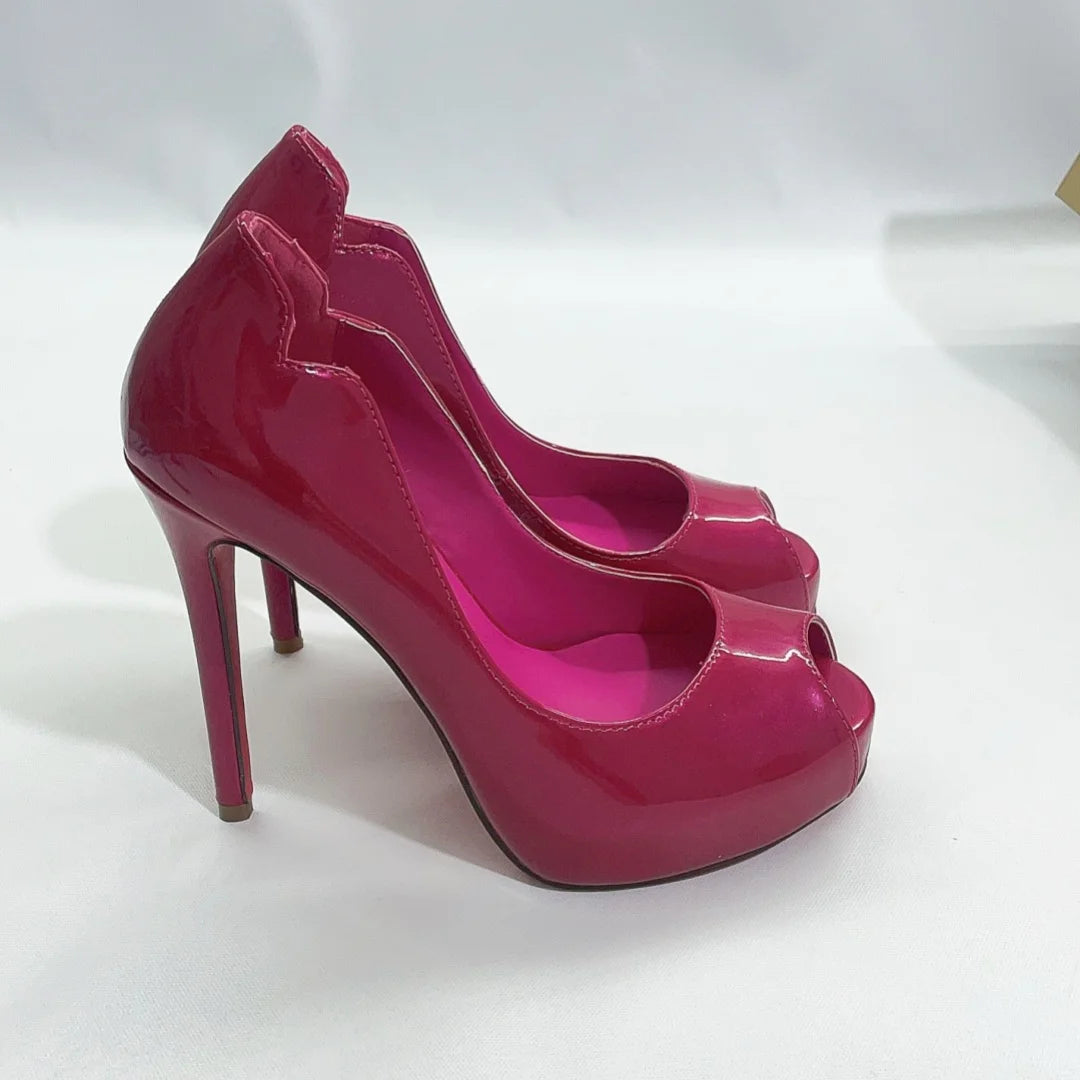 Peep Toe Apricot Color Patent Leather Women’s Pumps Platform Stiletto Super High Heels Slip On Red Sole Single Shoes Female 202
