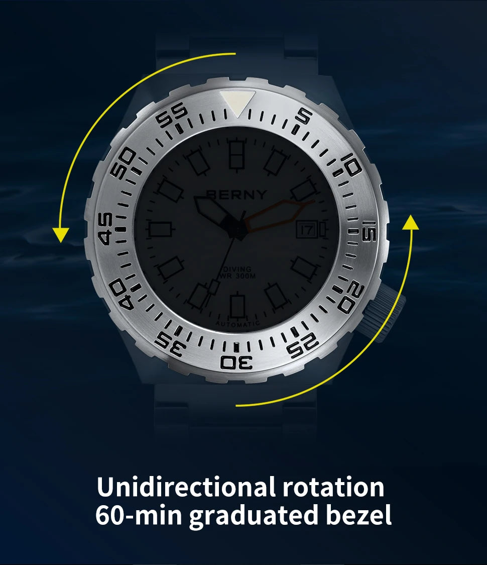 BERNY Automatic 30ATM Diver Men Watch Mechanical Wristwatches Waterproof Male Top Super Luminous Sapphire Sport Diving Watches
