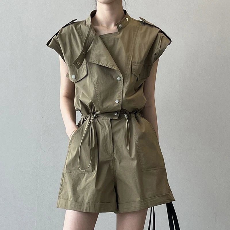 Fashionable Thin Short Pants Jumpsuit Set High Waist Commute Style Tassel Detail Straight Leg Jumpsuit for Summer
