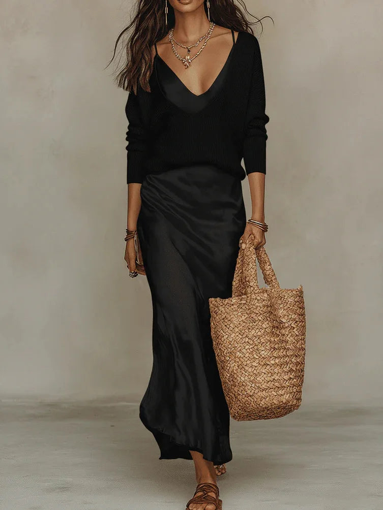 Women's Dress Set 2026 Spring Autumn New Solid Color Bright Surface Spaghetti Dress Knitted Top 2-piece Elegant Slim Commute Set