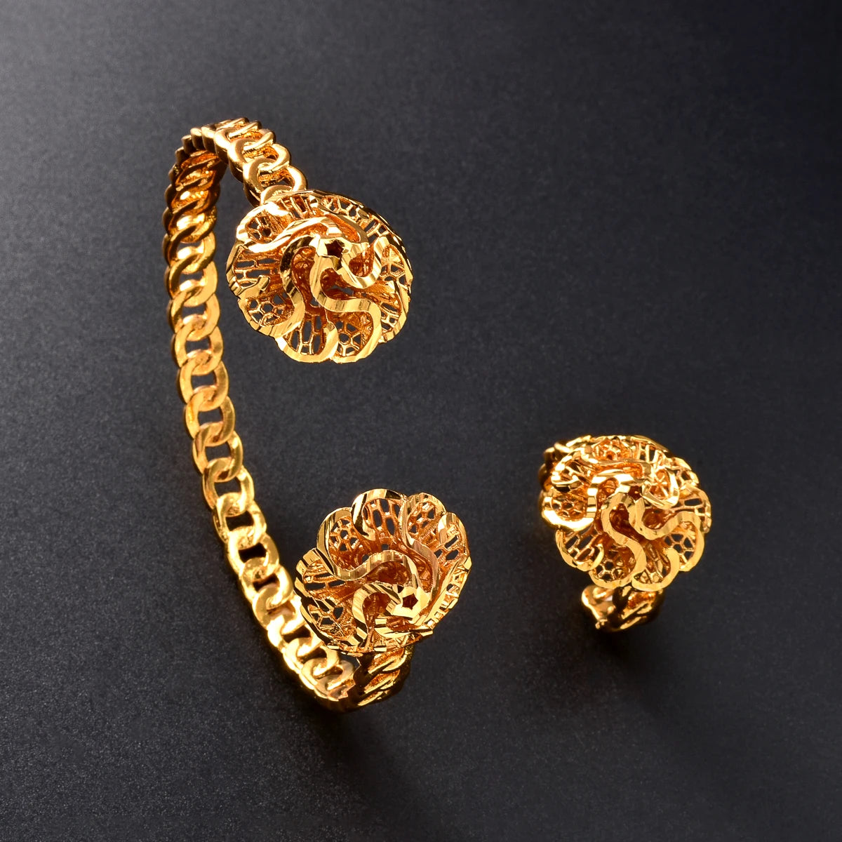 African Gold Plated Floral Cuff Bangle  Ring Set for Women Arabic Pattern Daily Jewelry Gift