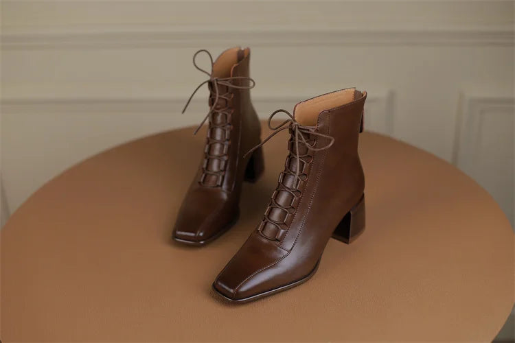 2026 Fashion Women Shoes Split Leather Short Boots Square Toe Chunky Boots Winter Shoes Women Solid High Heel Boots for Women
