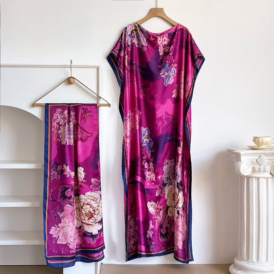 Women's African Casual Maxi Summer Dress with Big Scarf Loose Abaya Kaftan Muslim Robe Flower Shawl Dubai Turkey Style MOOMOO