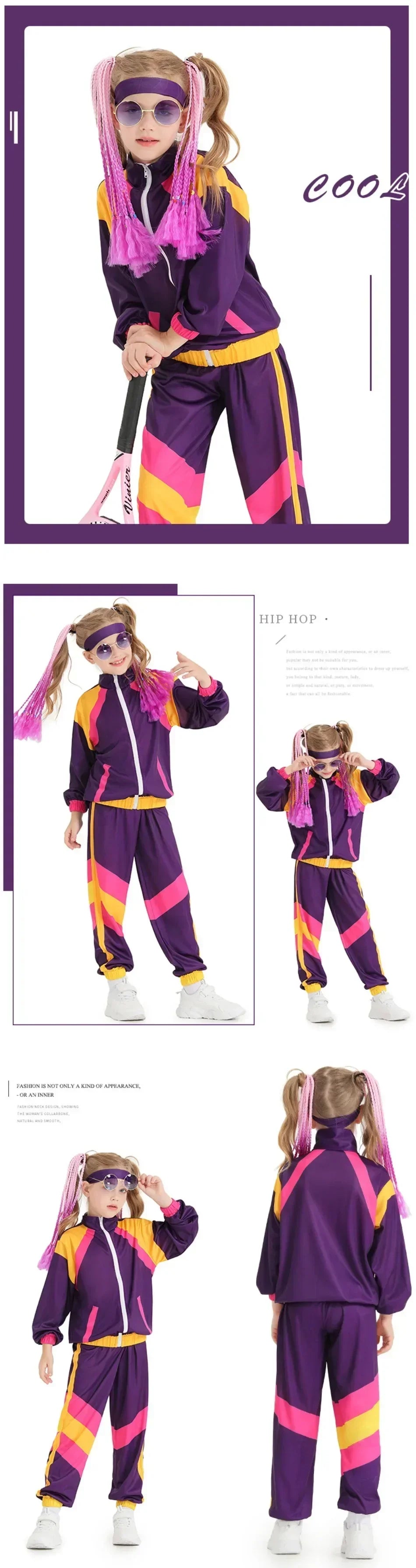 Kids Boys and Girls 80s 90s Sportswear Suit Retro Disco Hip Hop Costume Fashion Patchwork Long Sleeve Zipper Coat Trousers Suit