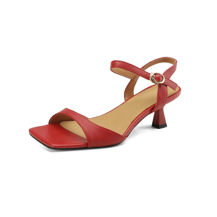 2025 Summer Sandals Women Shoes Open-Toe Thin Heel Women Sandals Split Leather Square Toe Shoes for Women High Heels Handmade