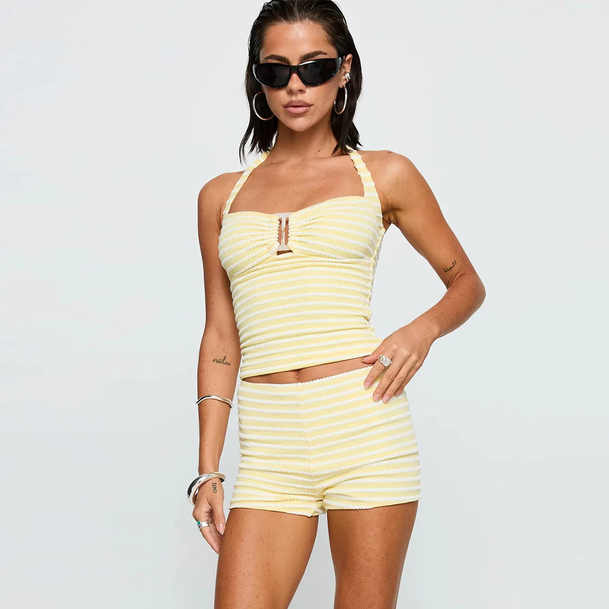 Beachwear Woman 2 Piece Set Outfit Sexy Backless Halter Neck Tops Short Pants Two Piece Outfits Woman Contrast Striped Vacation