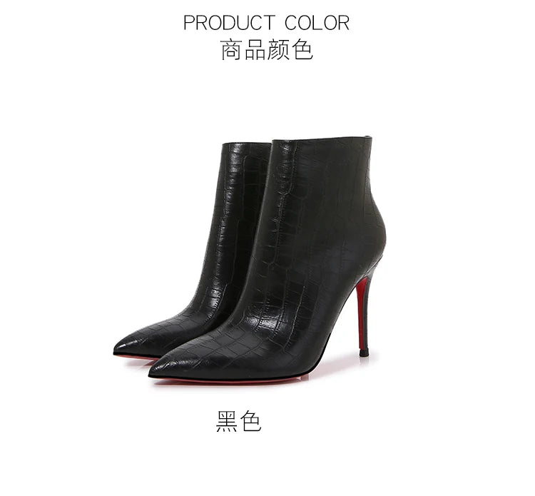 Autumn and winter new turtle patterned short boots, slim high heels, black 10cm, female pointed, slim heels, Shizang bare boots
