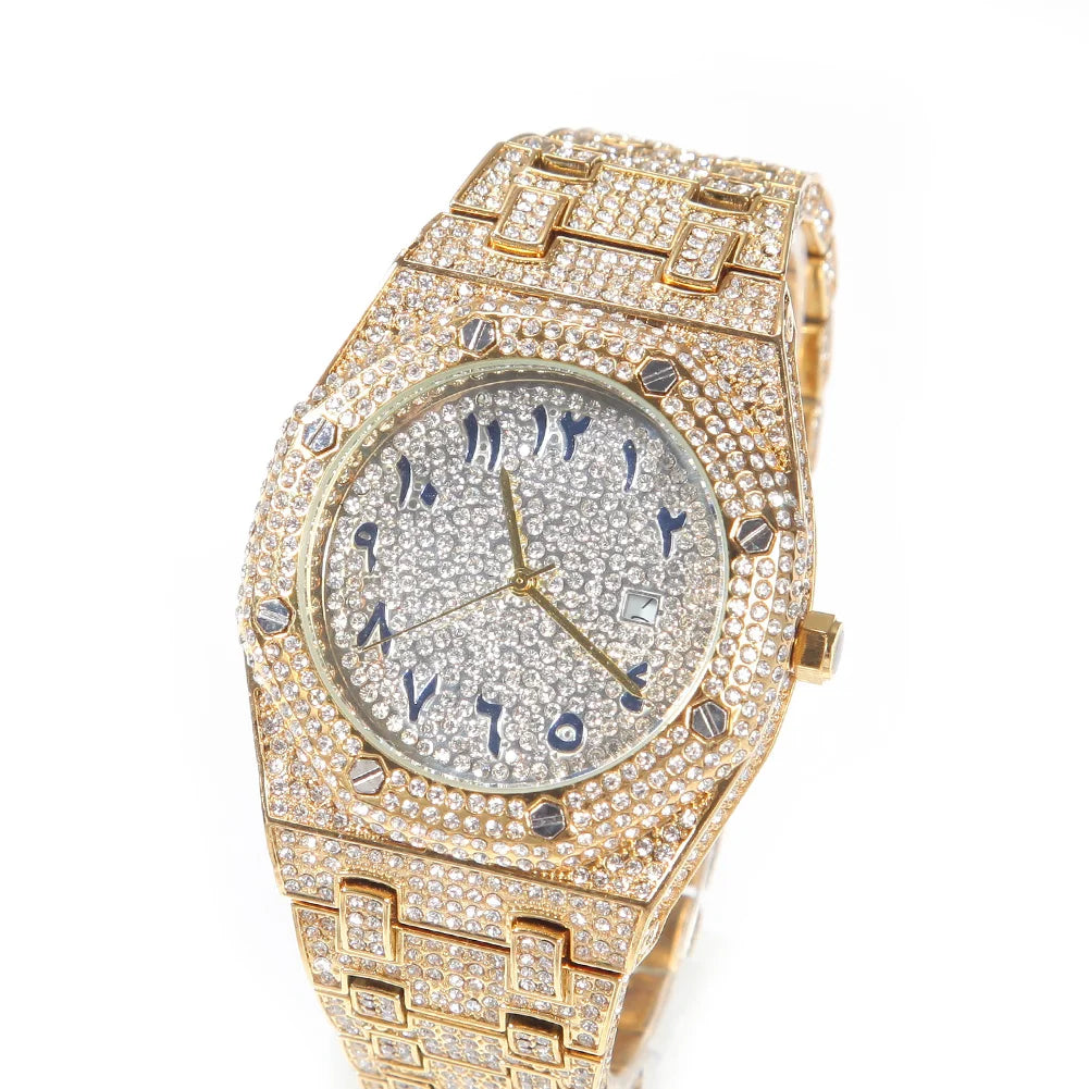 UWIN Hip Hop Stainless Steel Wristwatches for Men Full Iced Out Stones Fashion Luxury Zircon Quartz Square Watches for Gift