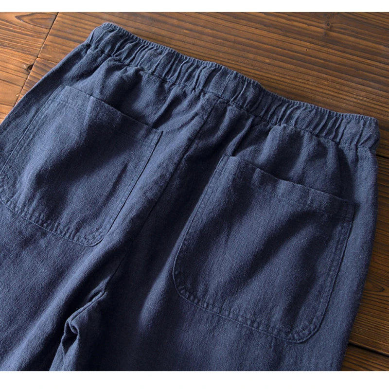 70% Linen,30% Cotton Men's Drawstring Elastic Waist Casual Pants, Straight Loose Ramie Trousers, Camping Fishing Comfortable