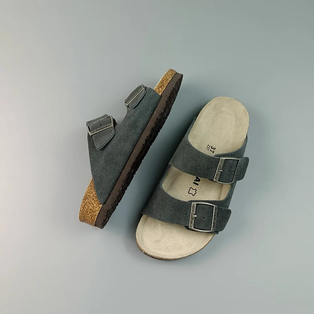 Genuine Leather Men Women Cow Suede Slippers Boy Girl Beach Slides Classic Cork Footbed Women Sandals  With Orthopedic Diabetic