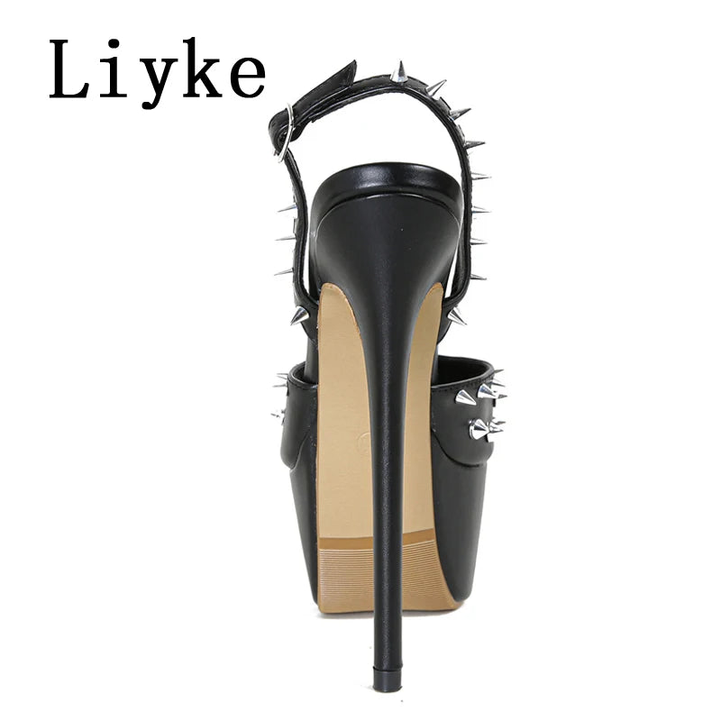 Liyke Brand Design Metal Rivet Open Toe Pink High Heels Platform Sandals For Women Summer Fashion Back Strap Party Dress Shoes