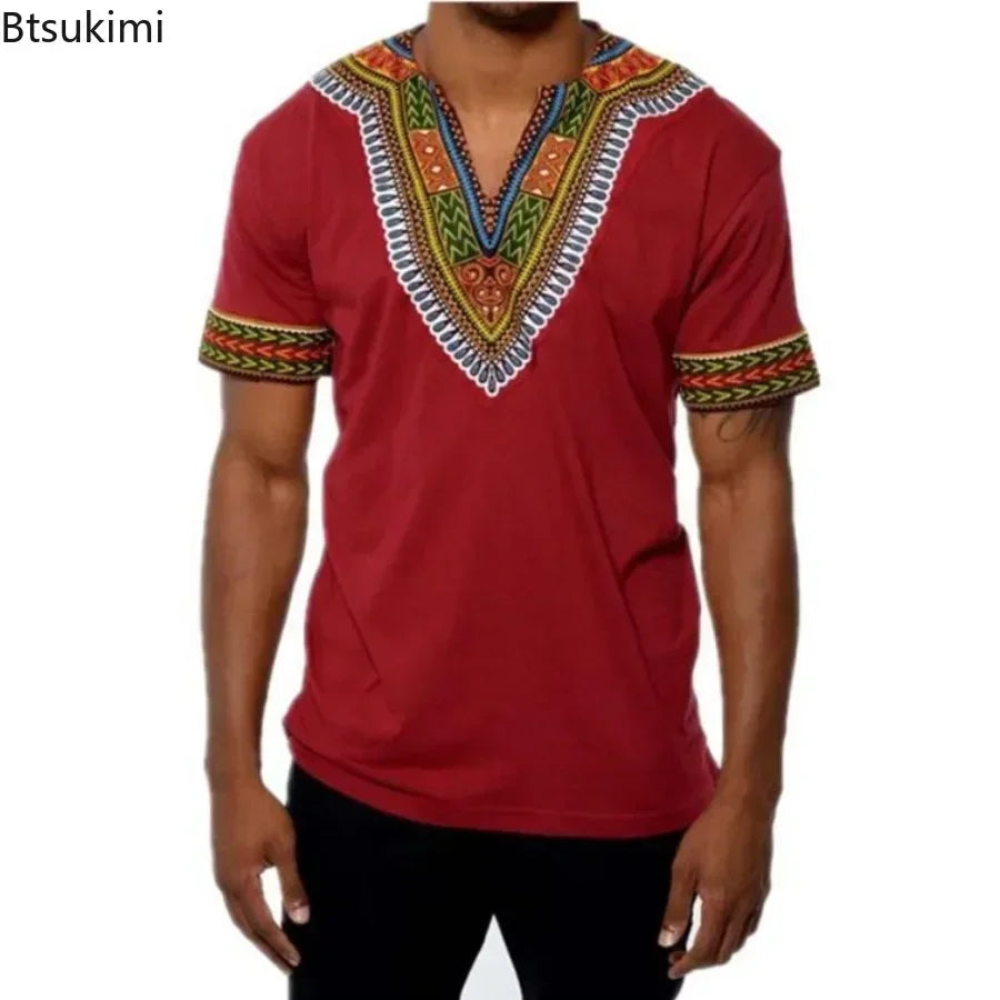 New 2026 Men's African Clothes T-shirts Casual Short Sleeve Traditional Ethnic Style Tops Men's Vintage Printed Perform Clothing