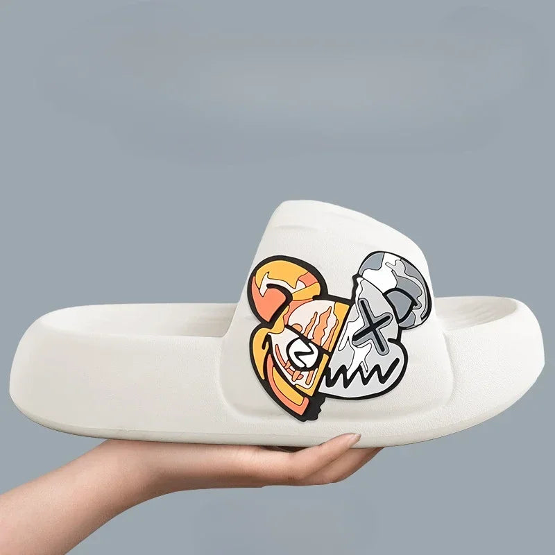Men's Slippers Cool Bear Stickers Thick-soled Soft Women's Sandals Bathroom Beach Indoor Outdoor Men's Slippers Non-slip2024