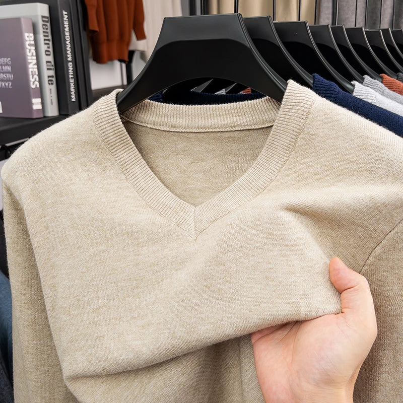 2026 Men's V-Neck Basic Solid Color Sweatshirt Warm Autumn Knitted Oversize Pullover Elastic round Neck Sweater for Casual Wear BAZAARHUBO