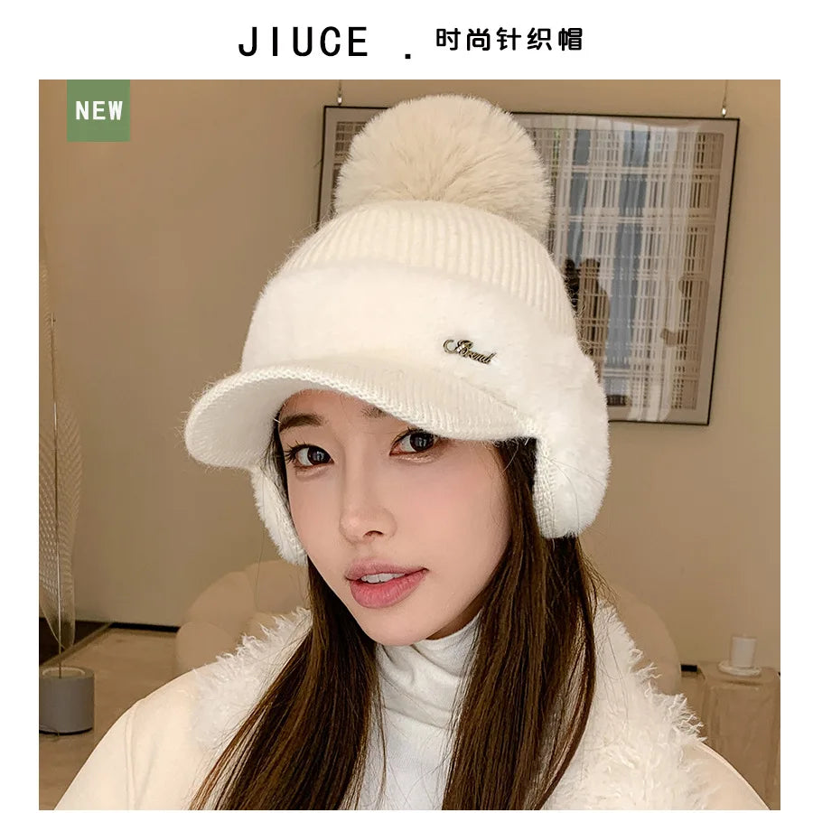 Winter Caps Patchwork Mink Fur Ear Protection Plush Hat Fashionable Solid Color Simple Wool Ball Knitted Hat For Women Cap BAZAARHUBO