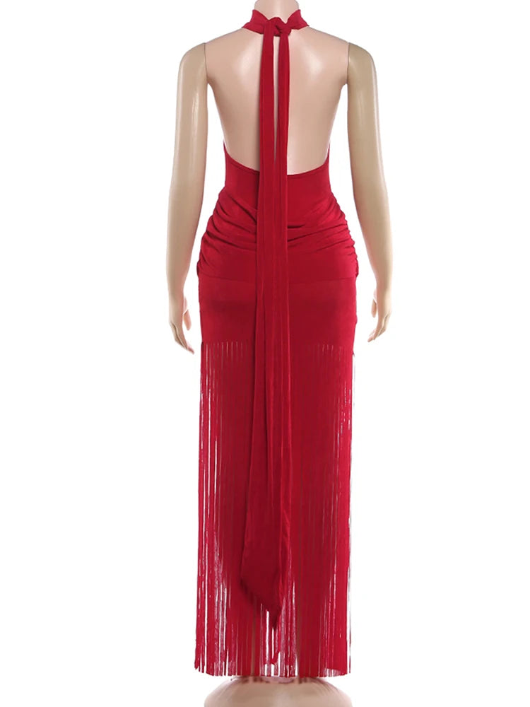 Weird Puss Velvet Halter Dress Women Ruched Patchwork Tassel Hem Backless Bodycon