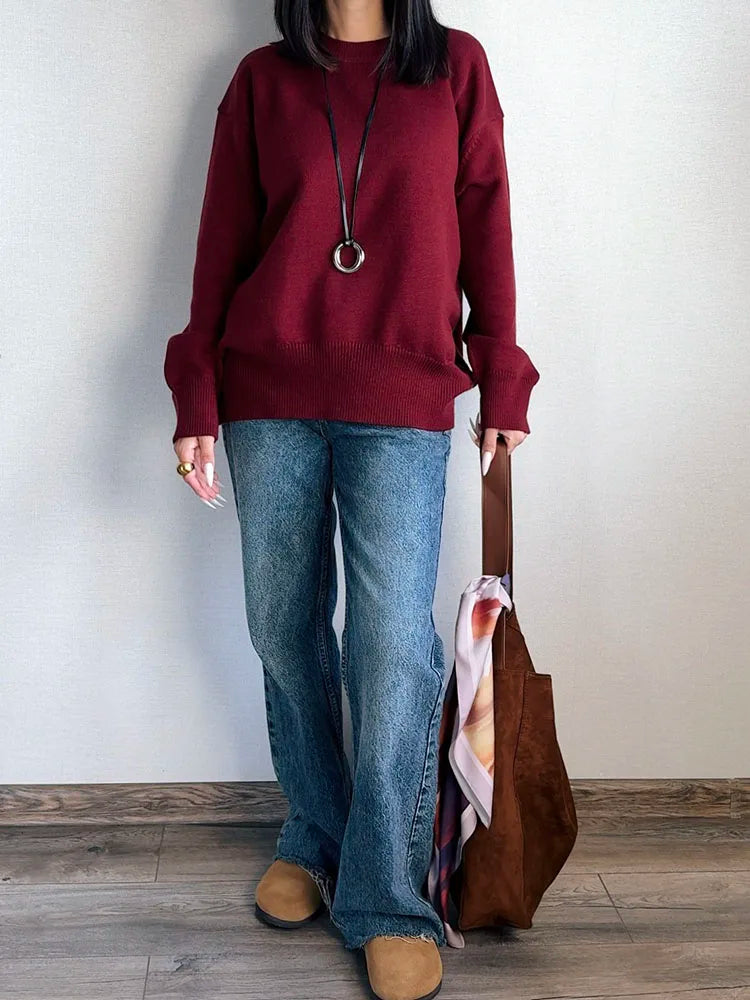 Oversize Burgundy Womens O Neck Knitwear Sweater Warm Winter Pullover