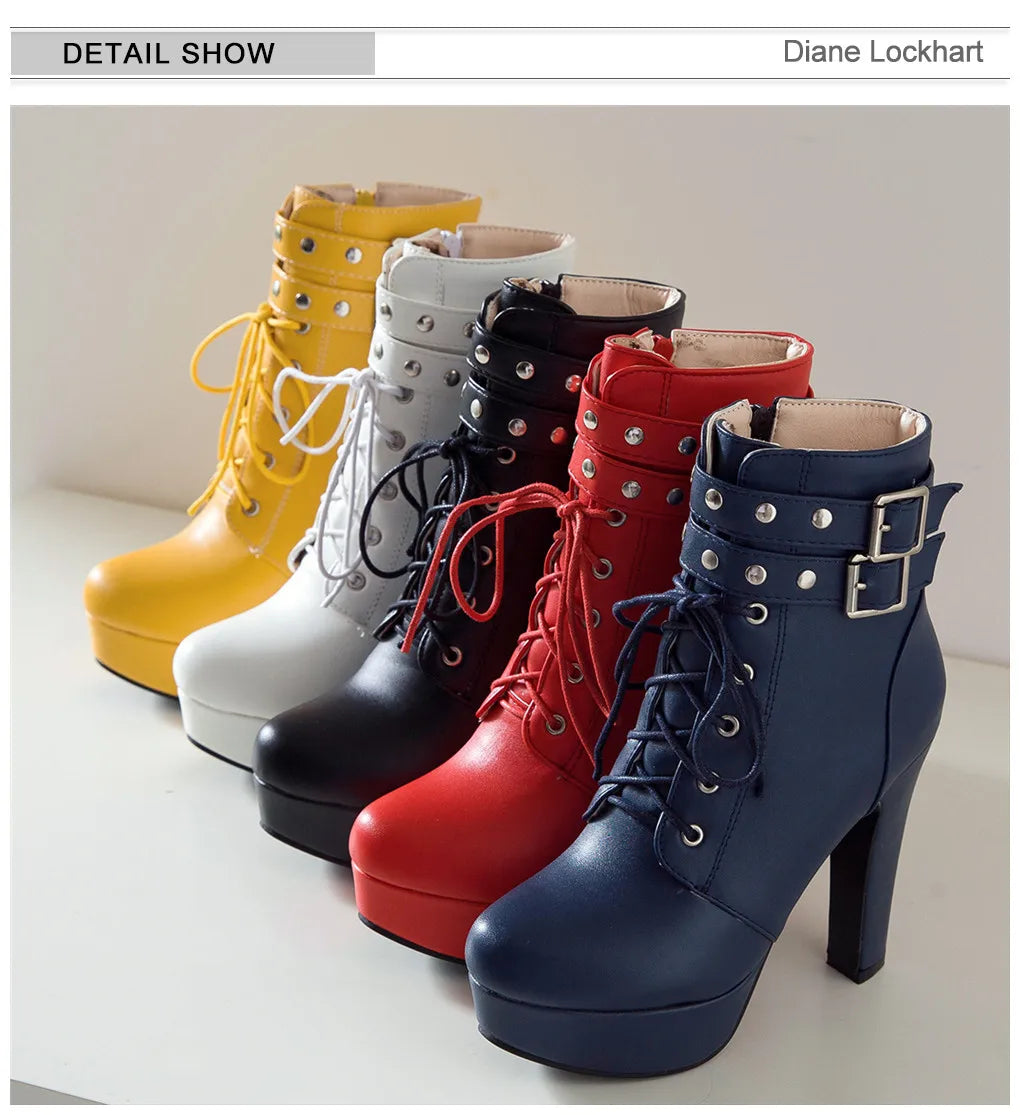 Women Ankle Boots Platform Lace-Up High Heels Short Boot Female Buckle Autumn Winter Red Yellow White Sexy Shoes Large Size34-46