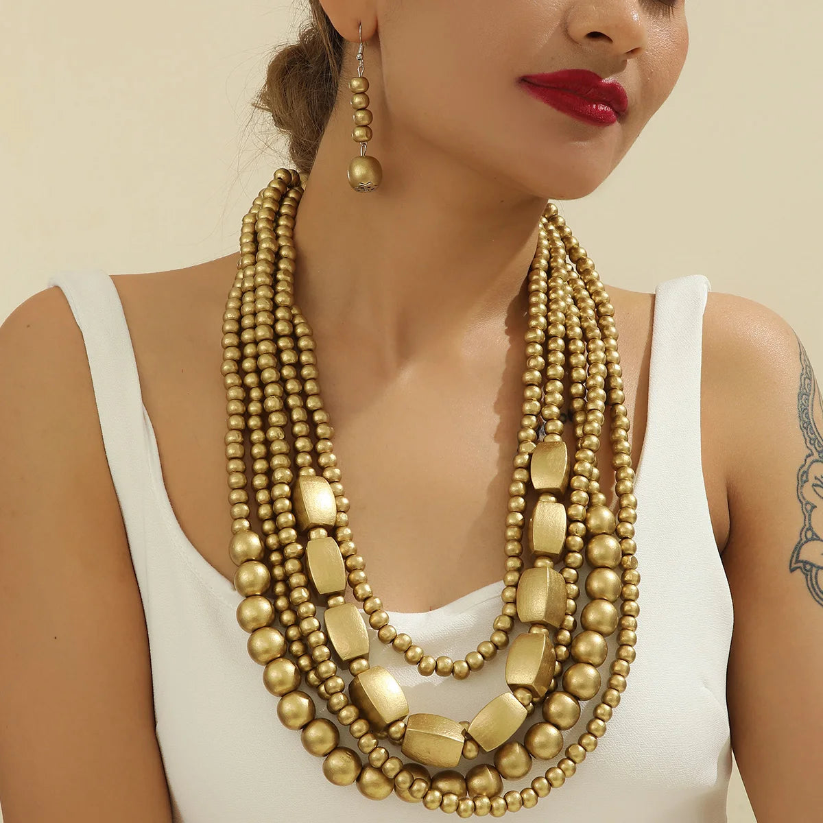 Colorful African Style Multi-Layer Wooden Bead Jewelry Sets Chokers Necklace Colorful Bohemian Necklace Earrings Set Party Jewel