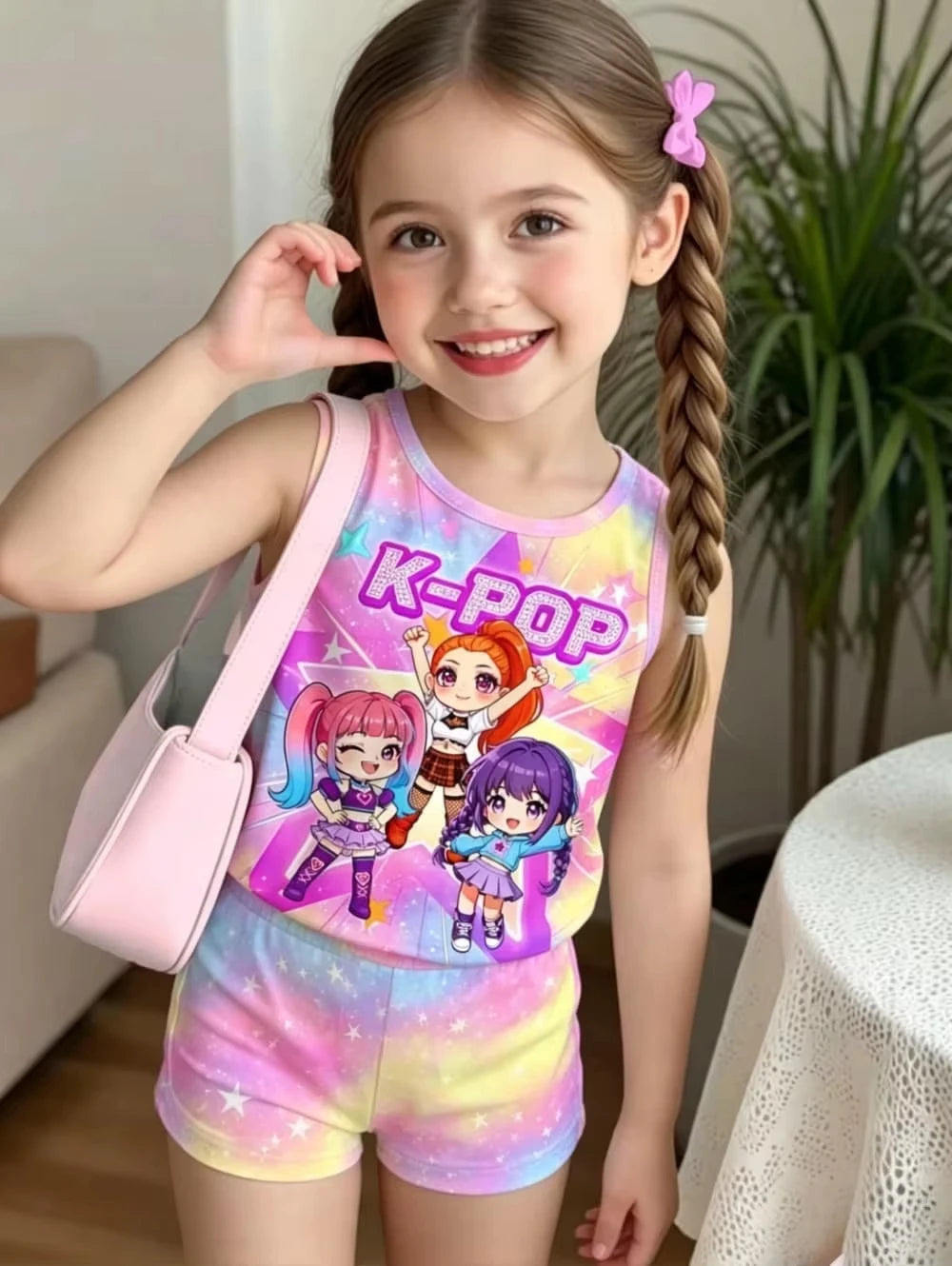 Kids Clothes Girls 2-Piece K-Pop Star Print Tank Top T-Shirt & Shorts Set Casual Streetwear Summer Daily Outfit Girls Clothes