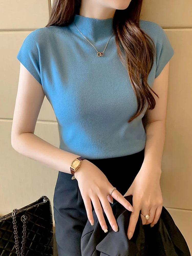 2026 Women Summer Knitted Turtleneck Sleeveless T-Shirts Tops Solid Slim Fit Pullovers Causal Tees Female Streetwear Basics Tees