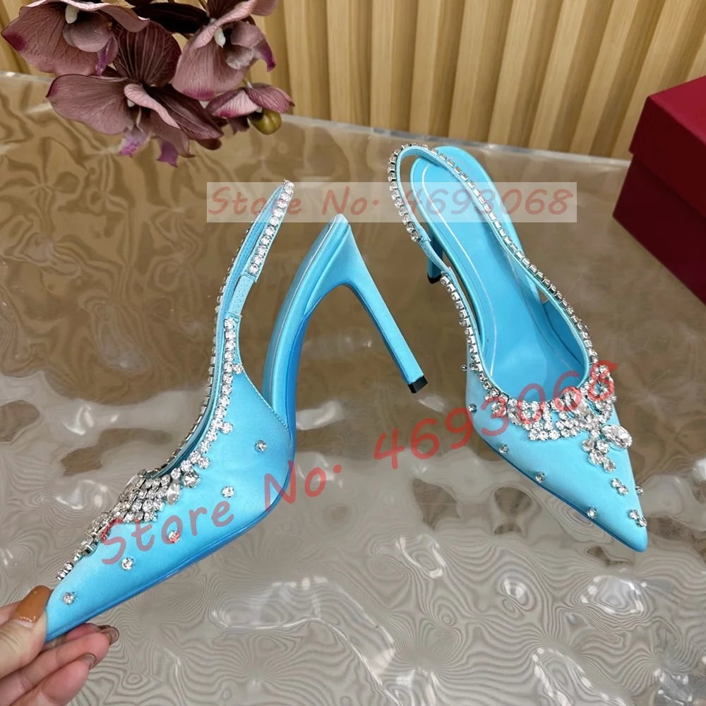 Luxury Crystal Flowers Back Strap Sandals Ladies Trendy Pointy Toe Classy Gems Satin Sandal Women Real Leather Evening Shoes