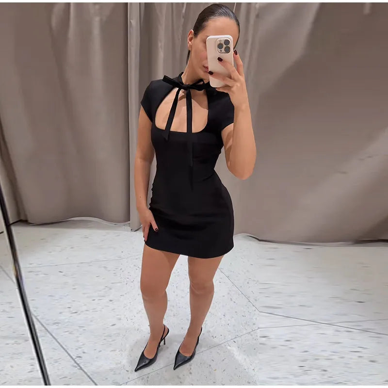 Fashion Polka Dot Mini Dress For Women 2026 Spring Summer Short Sleeve Lace Up Collar Party Dress Lady Bodycon Evening Vestidos