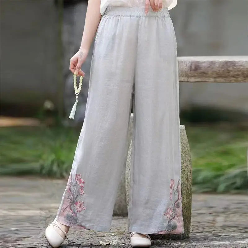 Chinese Style Vintage Embroidery Casual Trousers Women Summer Pants Literature Art National Style Retro Embroidery Bottoms