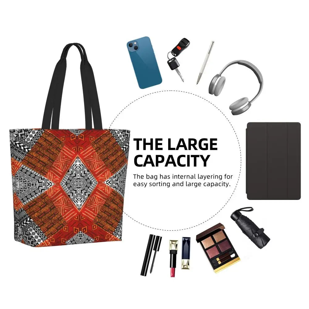 African Ankara Prints Grocery Shopping Tote Bags Women Geometric Ethnic Art Canvas Shoulder Shopper Bags Big Capacity Handbag