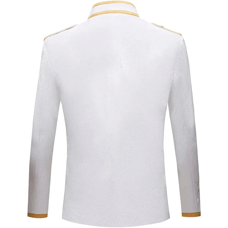British Style Men Standing Collar Embroidered Suit Jacket Red / Blue Fashion Male Wedding Dance Party Patchwork Dress Coats