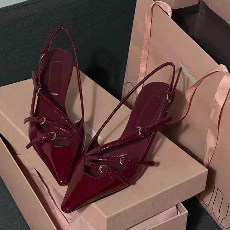 2024 Summer New High Heels, Women's Sexy Hollow Black Silk Pointed One-line Buckle Skinny Heel Sandals, Women's Shoes
