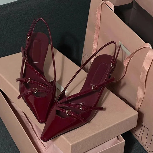 2024 Summer New High Heels, Women's Sexy Hollow Black Silk Pointed One-line Buckle Skinny Heel Sandals, Women's Shoes