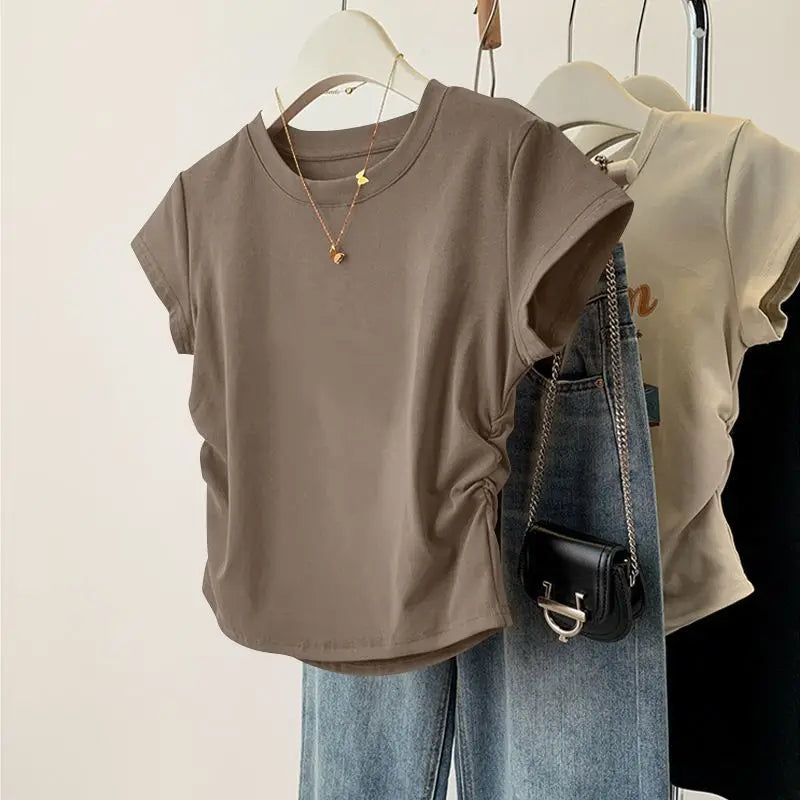 Women Summer Short Sleeve Top Slim Fit Round Neck Tee Breathable Casual
