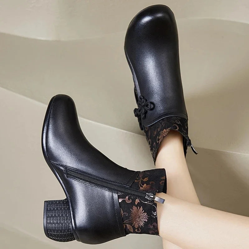 2025 Leather Ankle Boots Women High Heels Black Shoes for Women Handmade Genuine Leather Women Knight Boots Sale