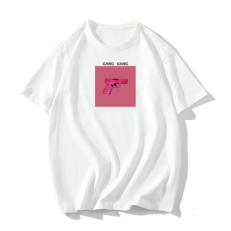 Hirsionsan 100% Cotton Pink Print T Shirt Women 2024 Summer New Basic Vintage Tee Casual Loose Chic O Neck Female Couple Tops