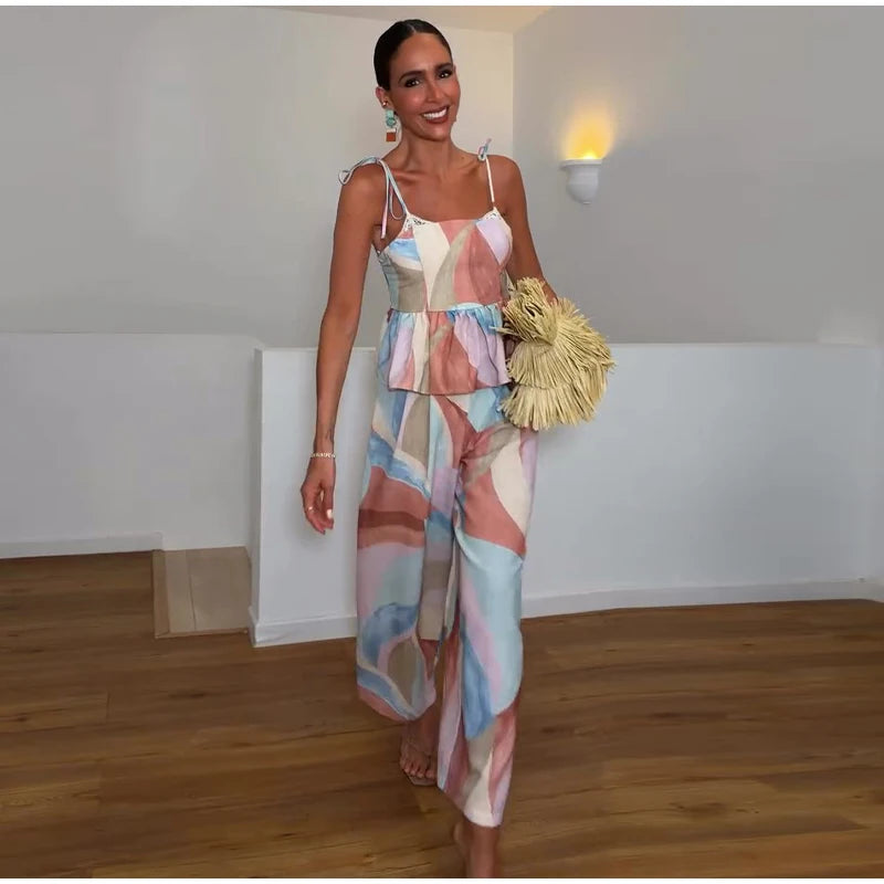 Pastel Print Cami Top Wide Leg Pants Set Ruffle Hem Sleeveless 2026 Summer Vacation Women Co-ord Set Chic Causal Lady Outfit