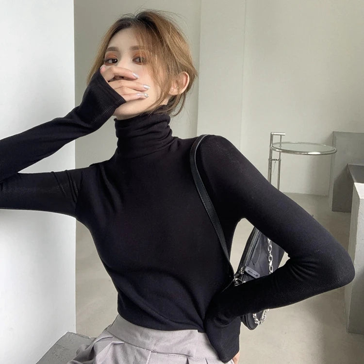 Warm Fce Lined High Collar Long Sve Base irt Women's Faionable Retro Versatile High Ne Base irt Trendy Commute ...